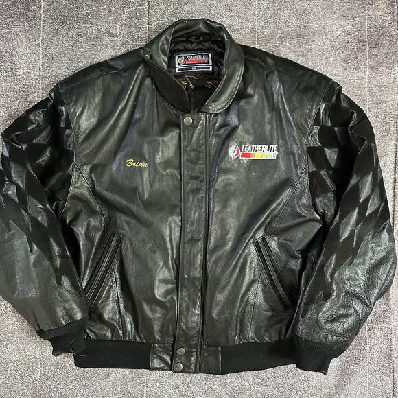 Men's Vintage 90's FeatherLite Checkered Flag NASCAR Black Leather Jacket Sz XL - Picture 1 of 4